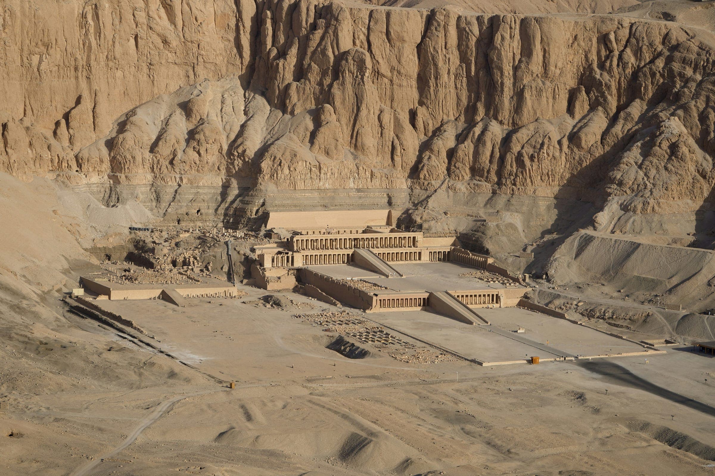 The terraces against the valley, from above.