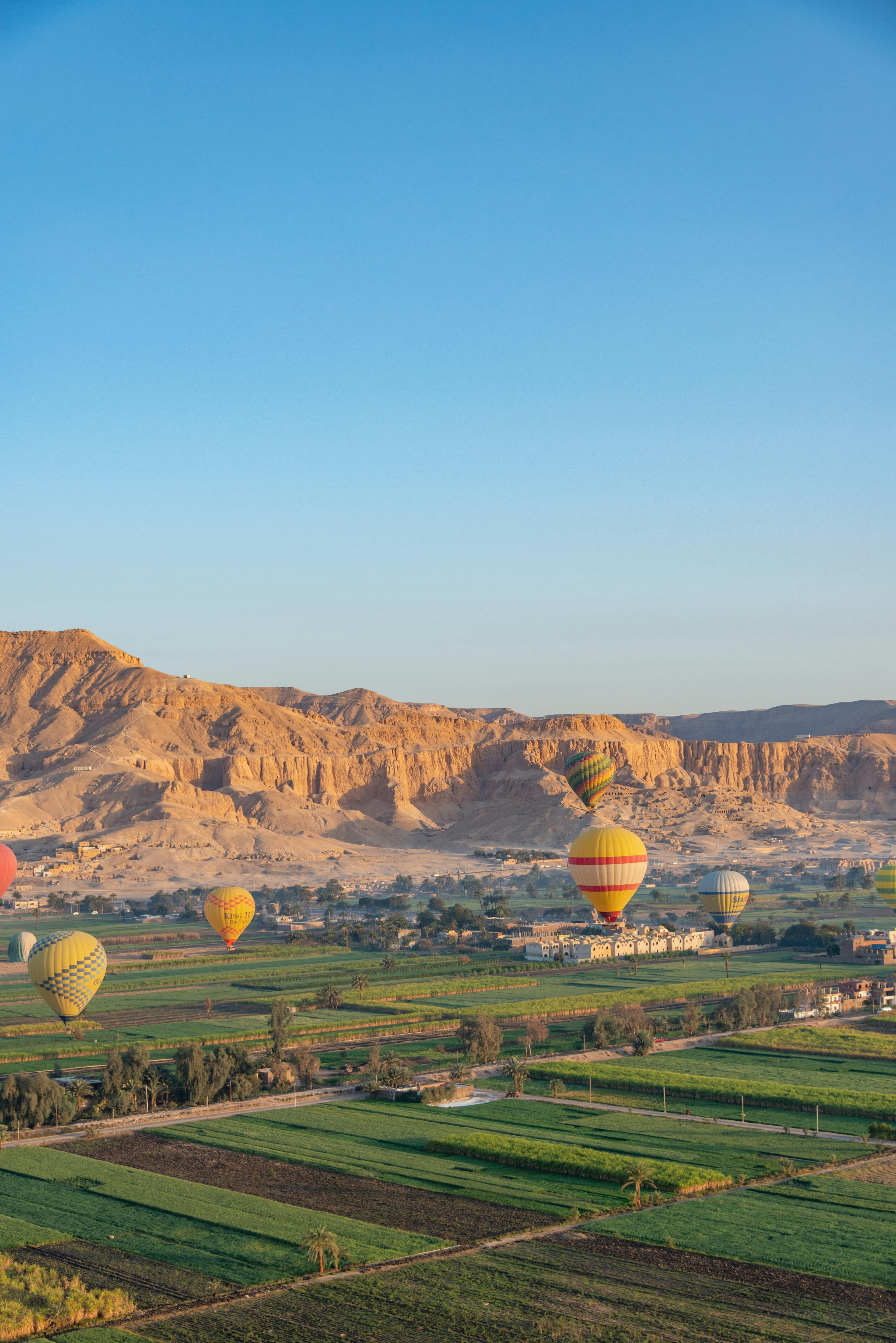 Balloons over the Valley of the Kings at sunrise.