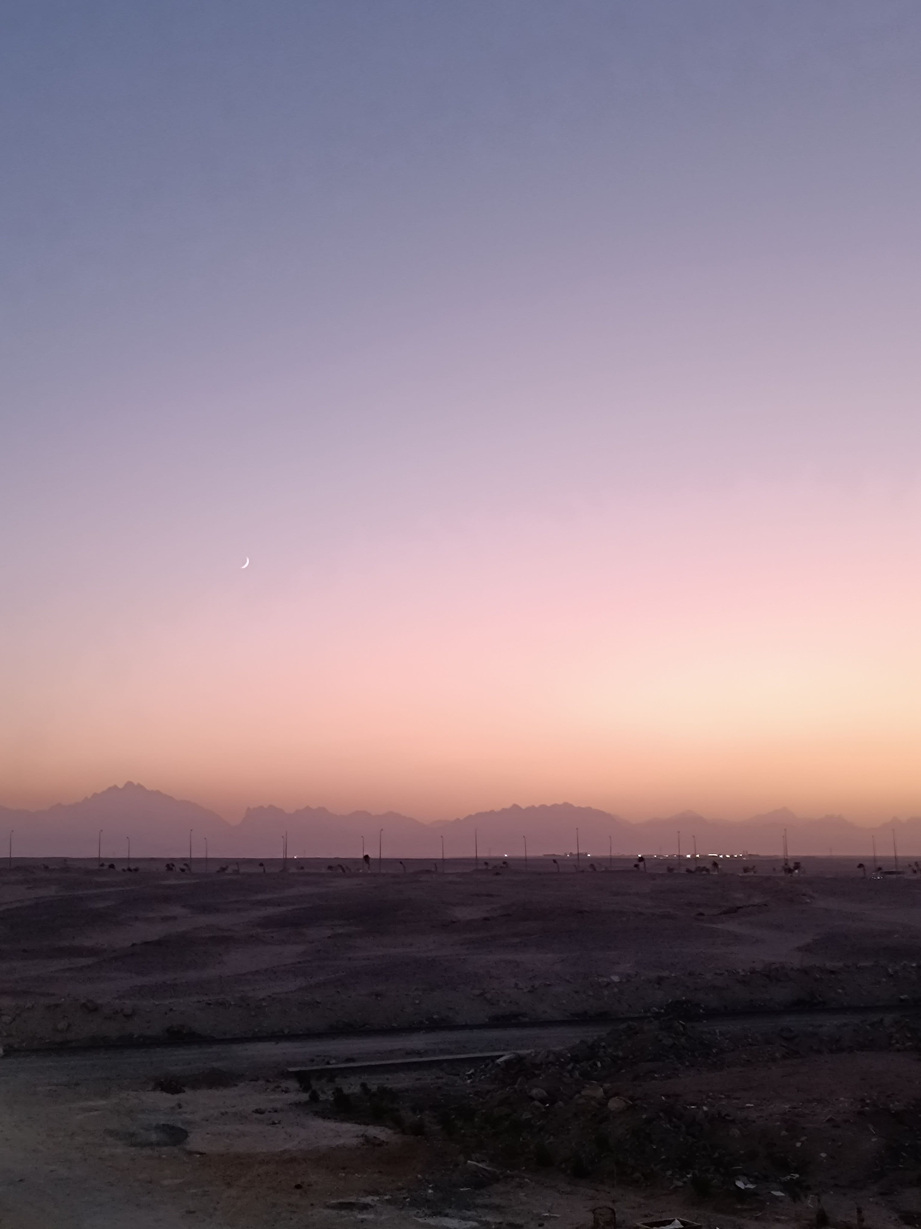 The crescent moon over the dunes at dusk.