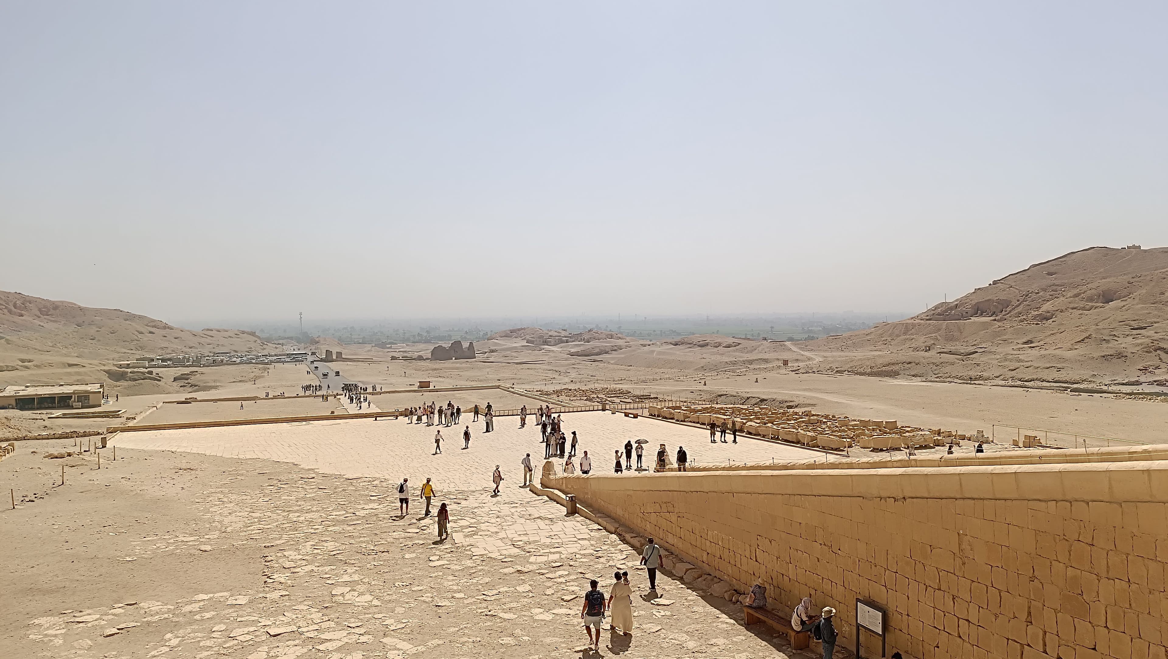 View over the Theban valley from the Hatshepsut temple terrace at dawn